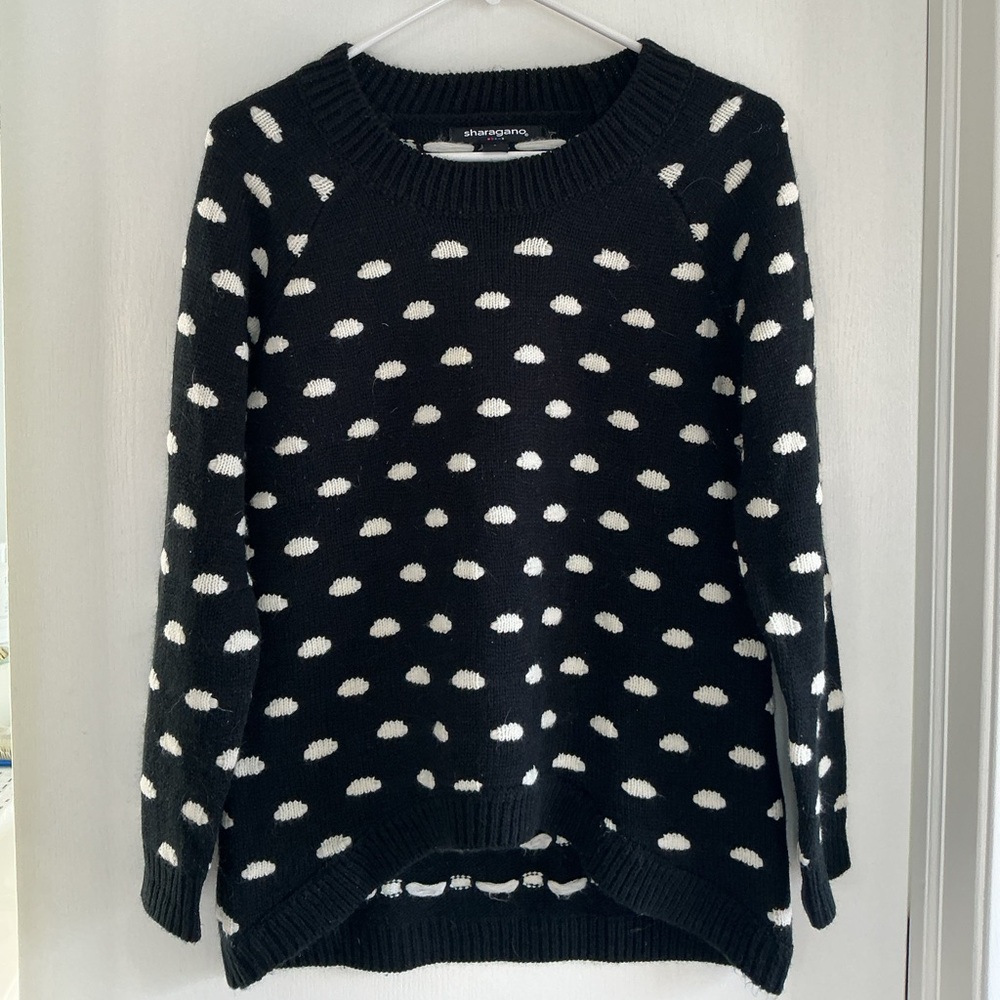 SHARAGANO Women's Navy Blue & White Polka Dot  Sweater Sz Small